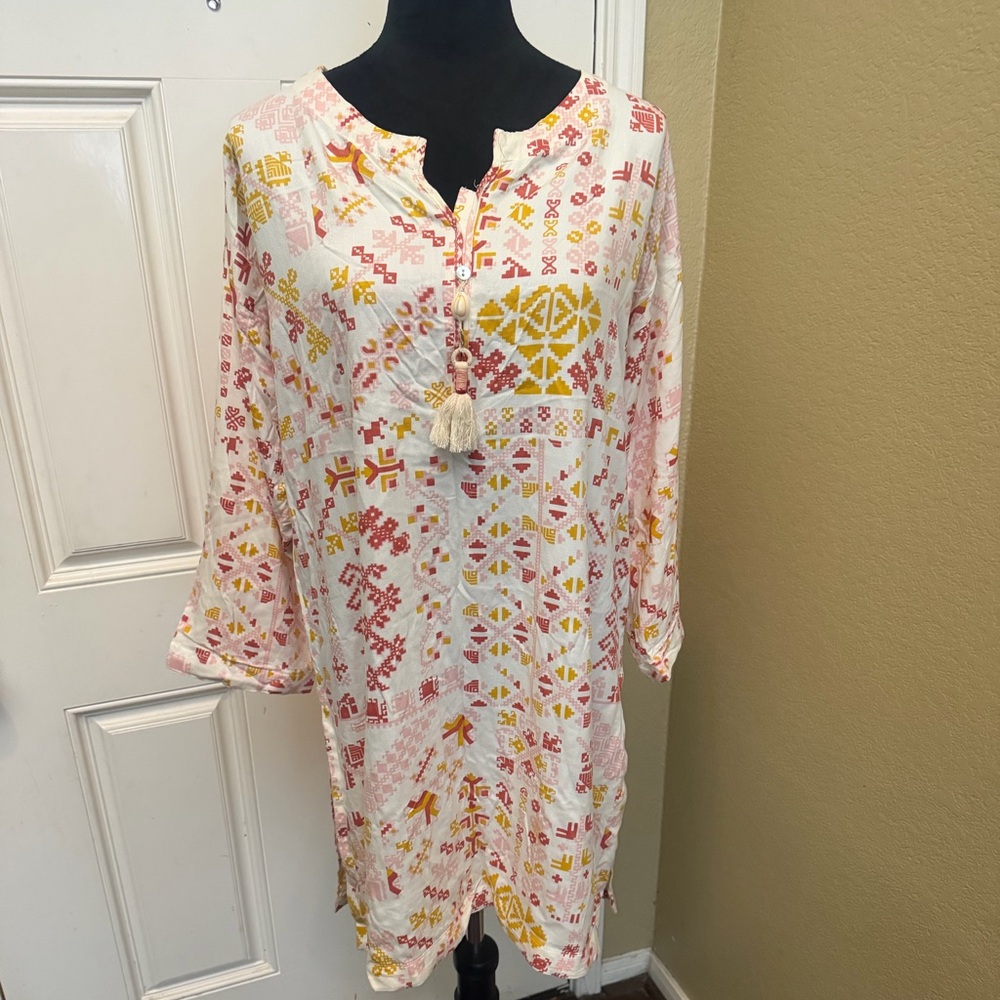 Khaadi Dress/ Kurta. Long Sleeve Dress with Red and Yellow Geometric Accents